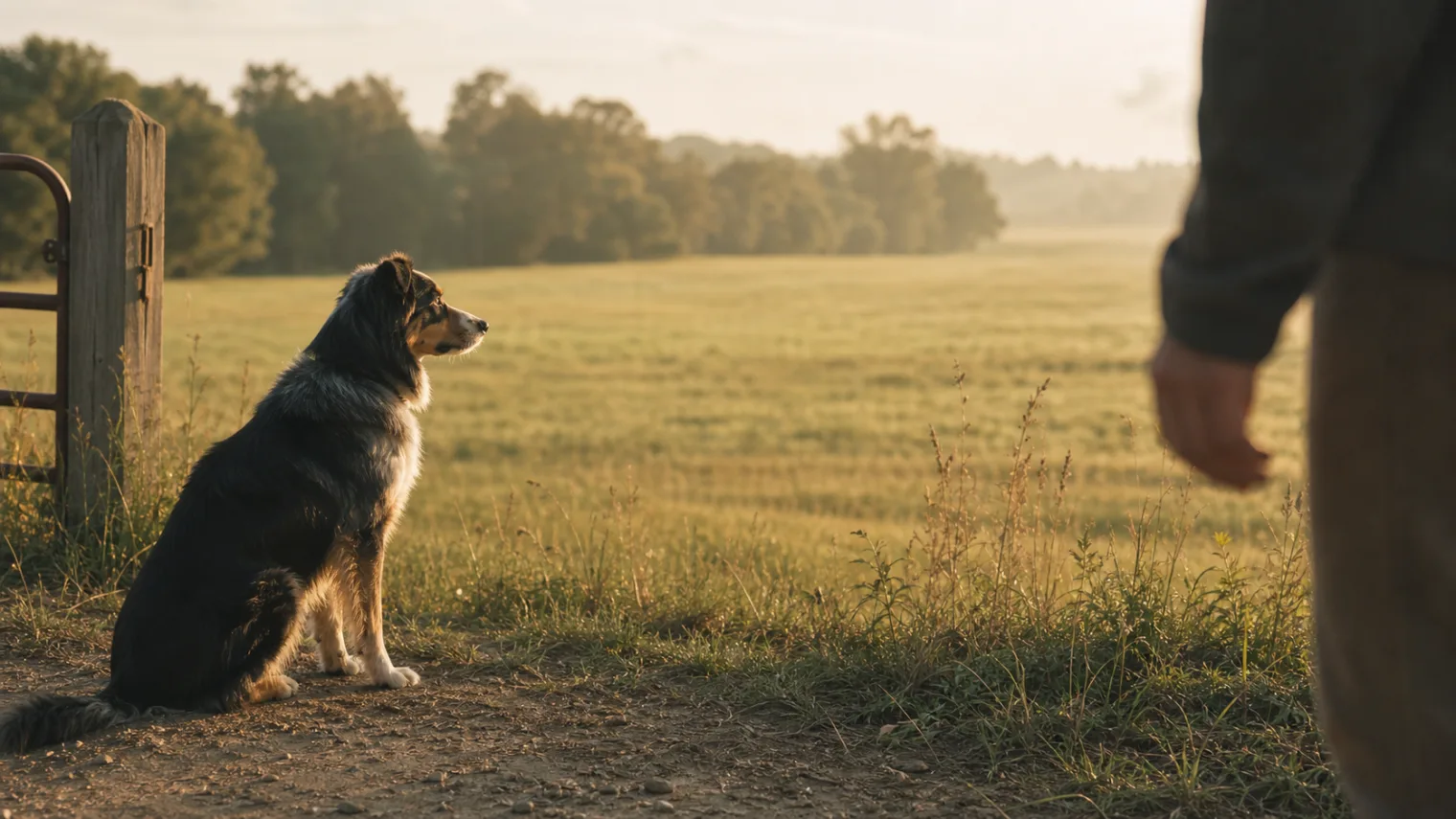 A working dog waiting at the edge of a field for the next signal.