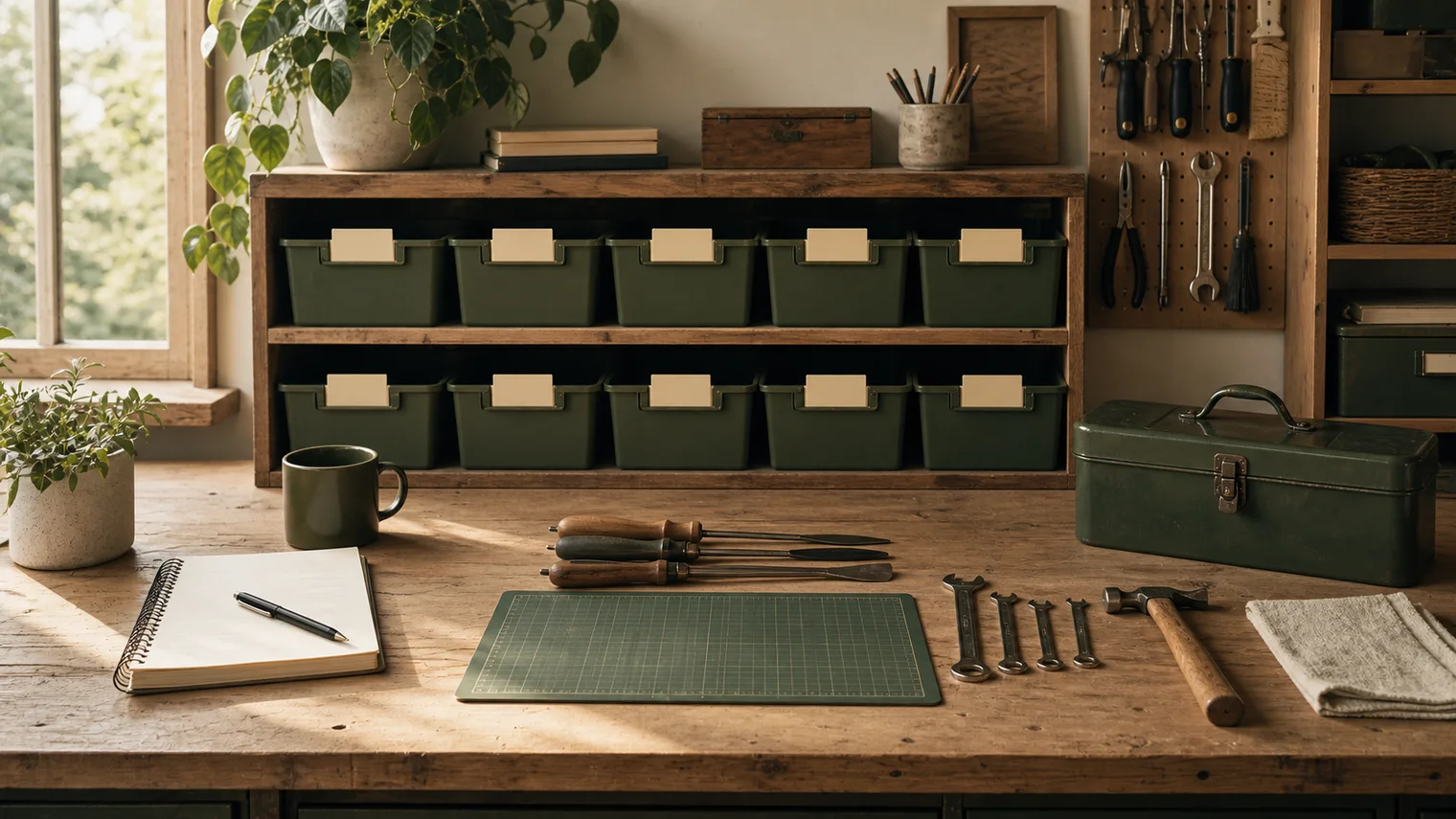 A tidy workshop with labeled bins and tools arranged before the work begins.
