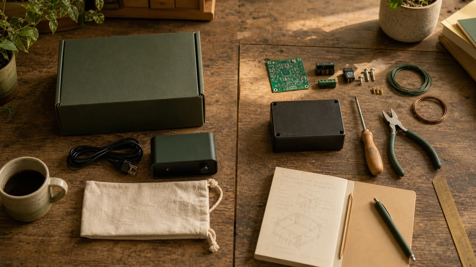 A workbench with a boxed tool on one side and raw components on the other.