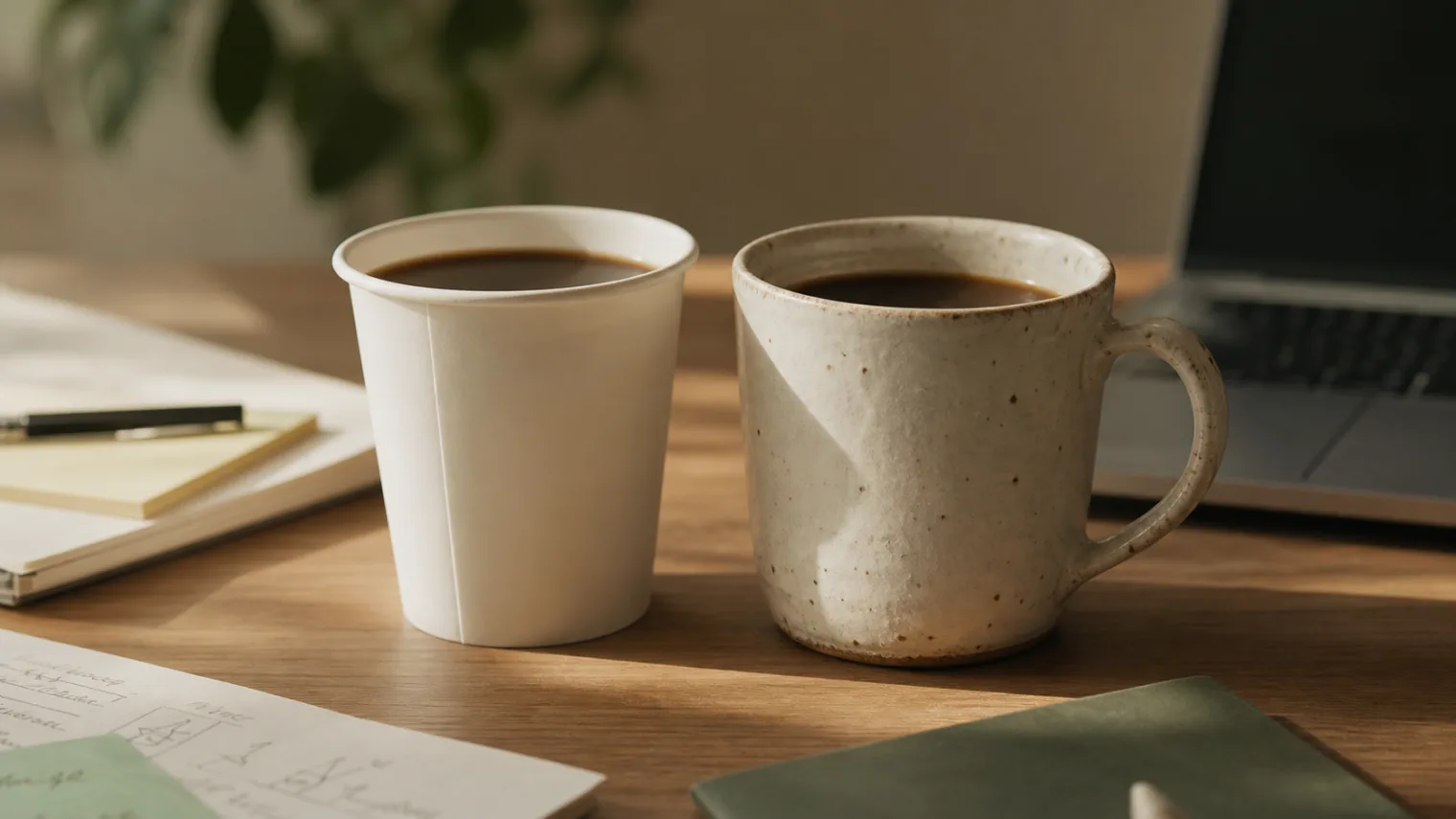 A generic paper cup beside a handmade ceramic cup on a warm desk.