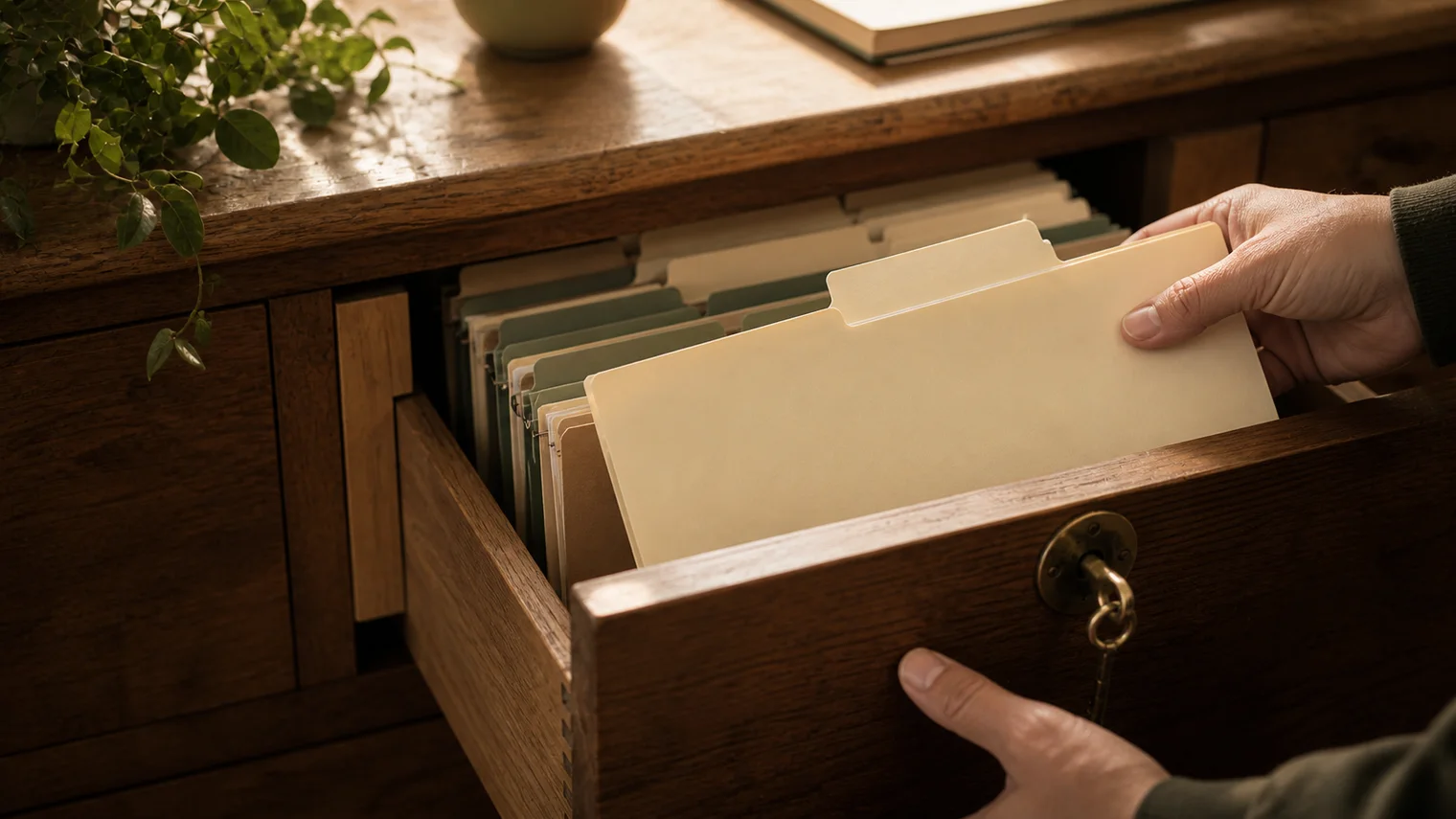 A locked wooden drawer with folders inside and one selected folder being pulled out.