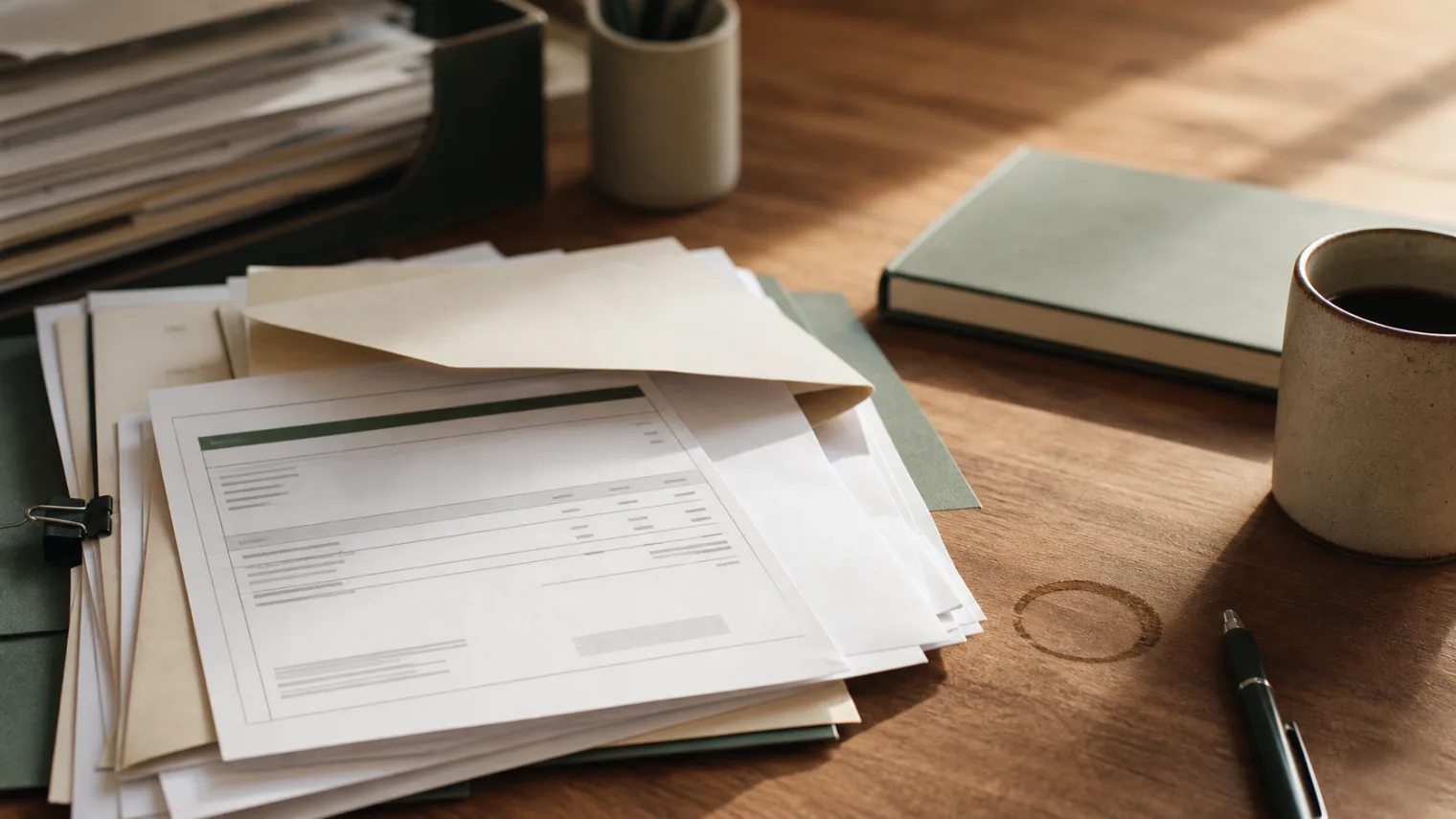 A quote document partly buried under paperwork beside a coffee cup ring.