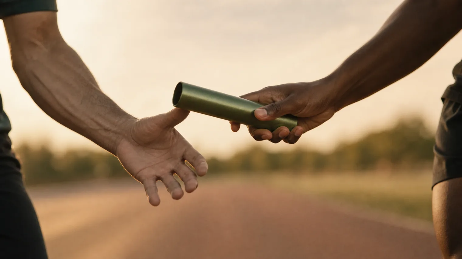 A relay baton being passed between two runners at the handoff moment.
