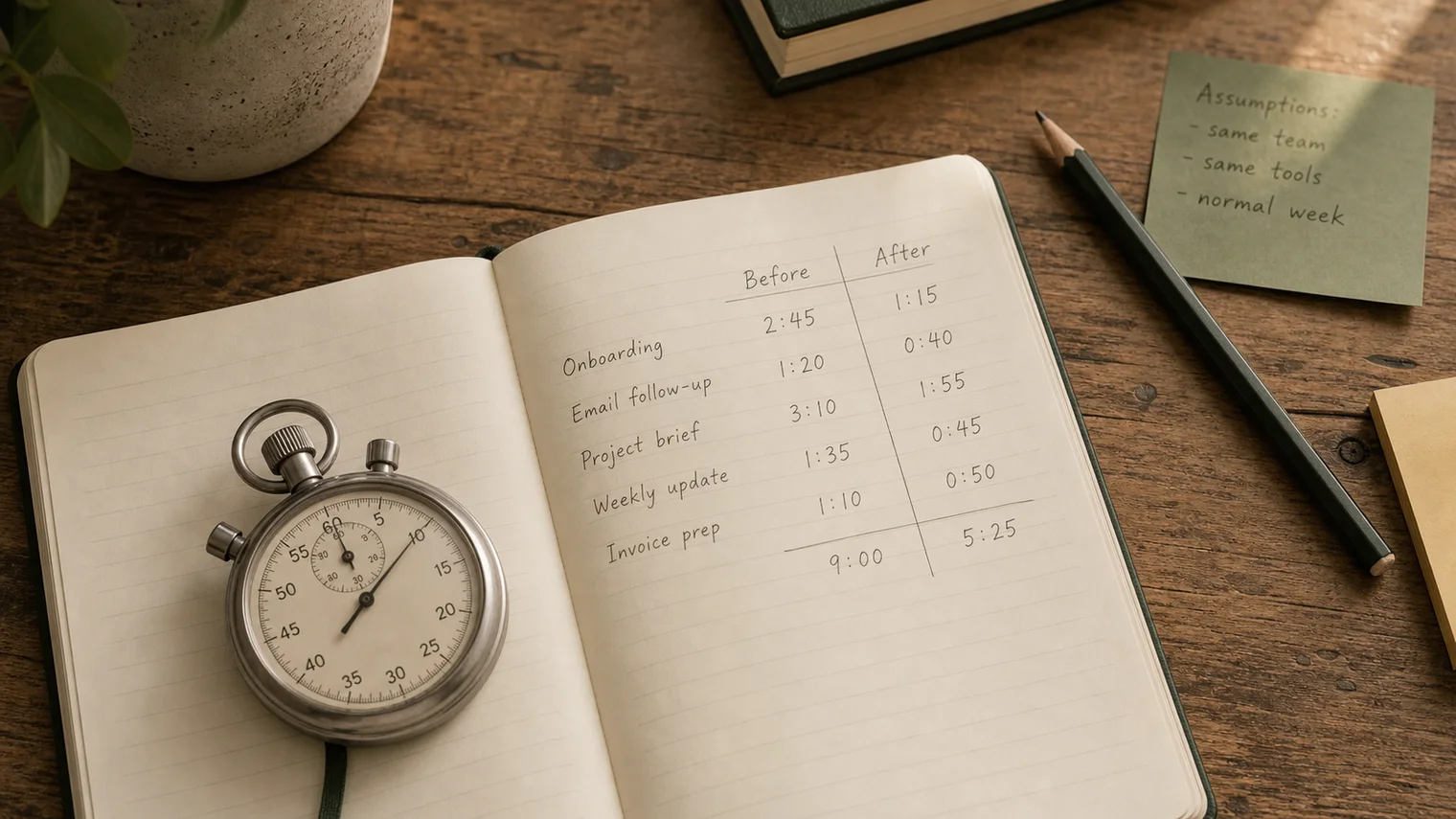 A stopwatch on a notebook with before and after time measurements.