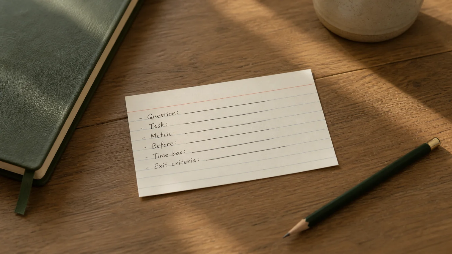 A single index card on a clean desk with a short pilot plan written on it.