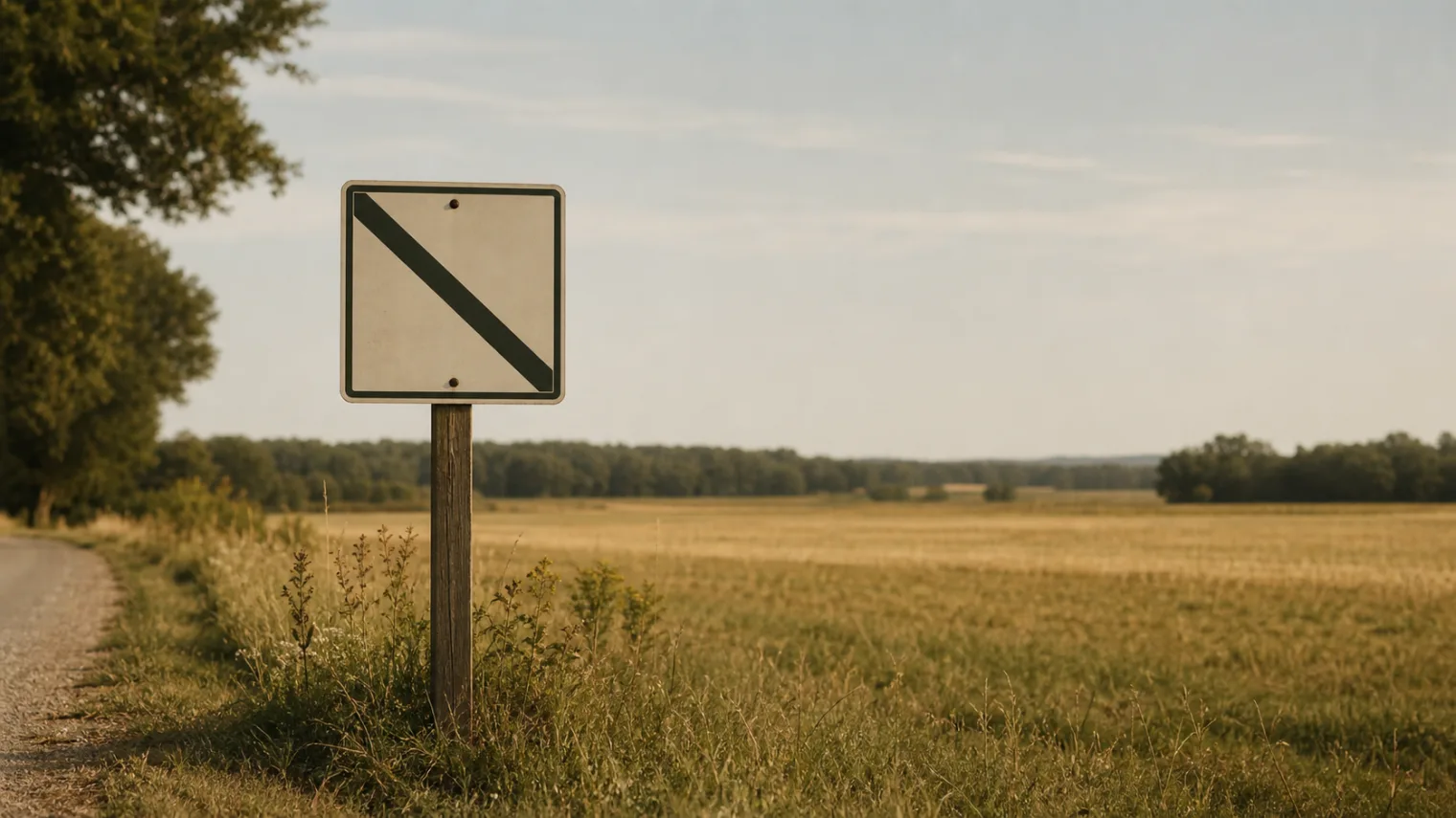 A plain roadside sign at the edge of a quiet field.