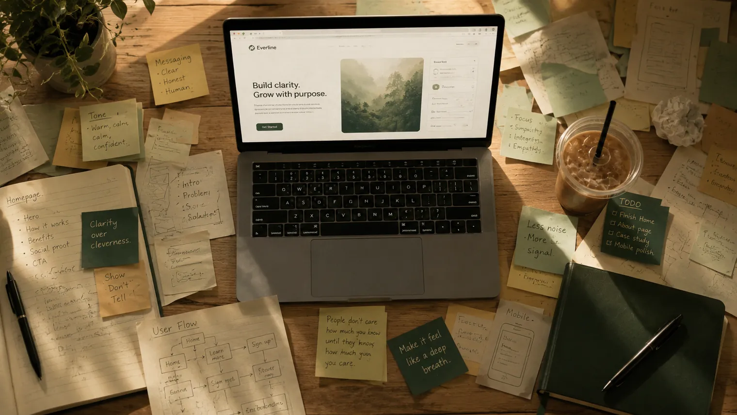 A cluttered desk seen from above — sticky notes, an open laptop showing a half-finished demo, and a cold cup of coffee.