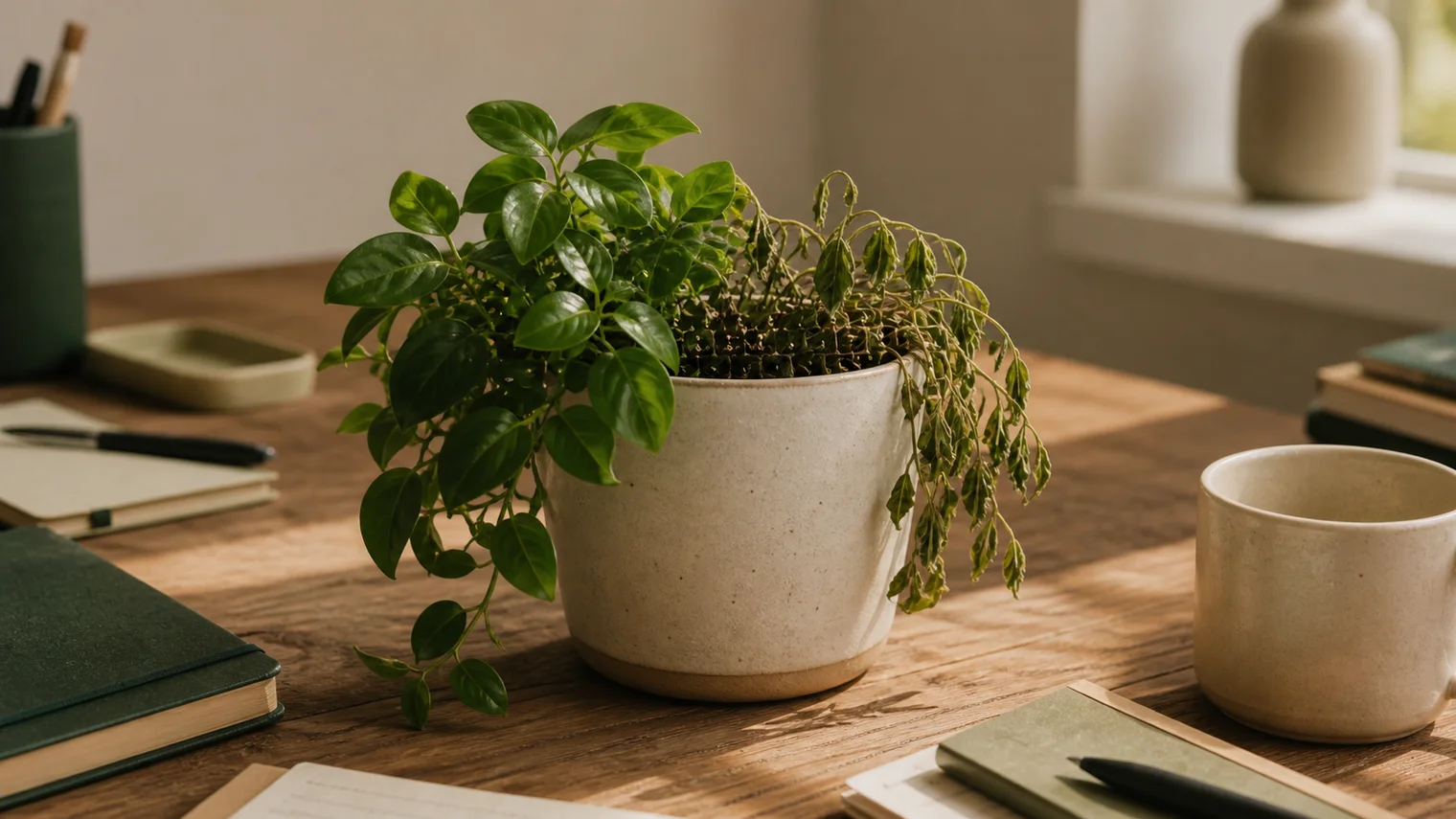 A potted plant that is healthy on one side and wilting on the other.